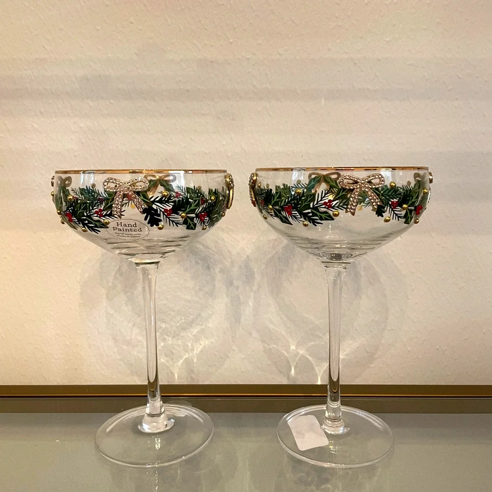 Christmas COUPE GLASSES Hand Painted & Jeweled Gold Bows Holly Garland Set of 2